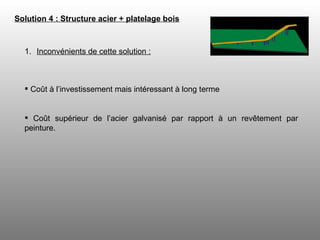 Solution 4 : Structure acier + platelage bois   Inconvénients de cette solution : Coût à l’investissement mais intéressant à long terme Coût supérieur de l’acier galvanisé par rapport à un revêtement par peinture. 
