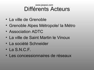 Différents Acteurs La ville de Grenoble Grenoble Alpes Métropole/ la Métro Association ADTC La ville de Saint Martin le Vinoux La société Schneider La S.N.C.F. Les concessionnaires de réseaux www.jexpoz.com 