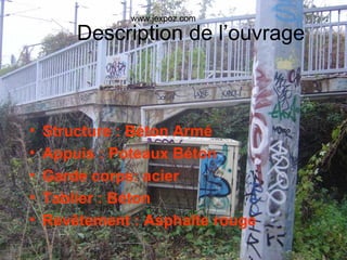 Description de l’ouvrage Structure : Béton Armé Appuis : Poteaux Béton Garde corps: acier Tablier : Béton Revêtement : Asphalte rouge www.jexpoz.com 