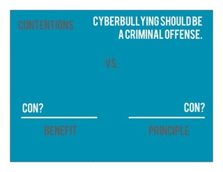 Contentions
BENEFIT PRINCIPLE
vs.
Cyberbullyingshouldbe
acriminaloffense.
Con? con?
 