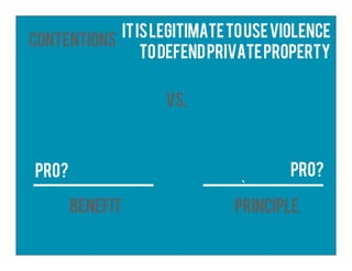 `
Contentions
BENEFIT PRINCIPLE
vs.
itislegitimatetouseviolence
todefendprivateproperty
PRO? PRO?
 