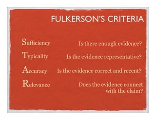 FULKERSON’S CRITERIA
Sufficiency
Accuracy
Relevance
Typicality
Is the evidence correct and recent?
Is the evidence representative?
Does the evidence connect
with the claim?
Is there enough evidence?
 