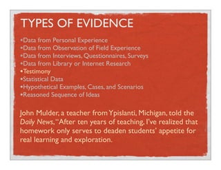 TYPES OF EVIDENCE
•Data from Personal Experience
•Data from Observation of Field Experience
•Data from Interviews, Questionnaires, Surveys
•Data from Library or Internet Research
•Testimony
•Statistical Data
•Hypothetical Examples, Cases, and Scenarios
•Reasoned Sequence of Ideas
John Mulder, a teacher fromYpislanti, Michigan, told the
Daily News,“After ten years of teaching, I’ve realized that
homework only serves to deaden students’ appetite for
real learning and exploration.
 