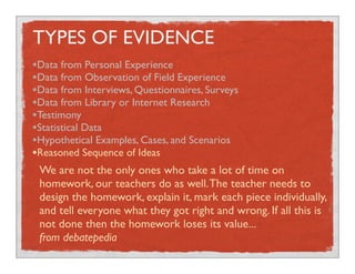 TYPES OF EVIDENCE
•Data from Personal Experience
•Data from Observation of Field Experience
•Data from Interviews, Questionnaires, Surveys
•Data from Library or Internet Research
•Testimony
•Statistical Data
•Hypothetical Examples, Cases, and Scenarios
•Reasoned Sequence of Ideas
We are not the only ones who take a lot of time on
homework, our teachers do as well.The teacher needs to
design the homework, explain it, mark each piece individually,
and tell everyone what they got right and wrong. If all this is
not done then the homework loses its value...
from debatepedia
 