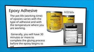 Epoxy Adhesive
19
The pot life (working time)
of epoxies varies with the
type of adhesive and with
the temperature where you
are working.
Generally, you will have 30
minutes or more to
complete the gluing process
before the epoxy begins to
gel.
 