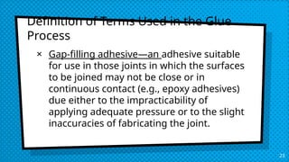 Definition of Terms Used in the Glue
Process
× Gap-filling adhesive—an adhesive suitable
for use in those joints in which the surfaces
to be joined may not be close or in
continuous contact (e.g., epoxy adhesives)
due either to the impracticability of
applying adequate pressure or to the slight
inaccuracies of fabricating the joint.
23
 