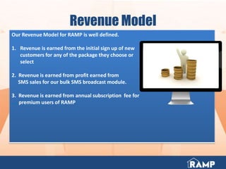 Revenue Model
Our Revenue Model for RAMP is well defined.
1. Revenue is earned from the initial sign up of new
customers for any of the package they choose or
select
2. Revenue is earned from profit earned from
SMS sales for our bulk SMS broadcast module.
3. Revenue is earned from annual subscription fee for
…..premium users of RAMP
 