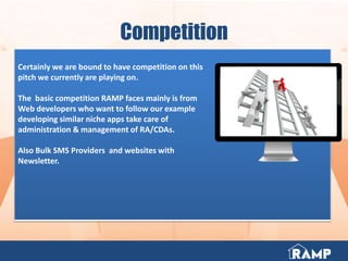Competition
Certainly we are bound to have competition on this
pitch we currently are playing on.
The basic competition RAMP faces mainly is from
Web developers who want to follow our example
developing similar niche apps take care of
administration & management of RA/CDAs.
Also Bulk SMS Providers and websites with
Newsletter.
 
