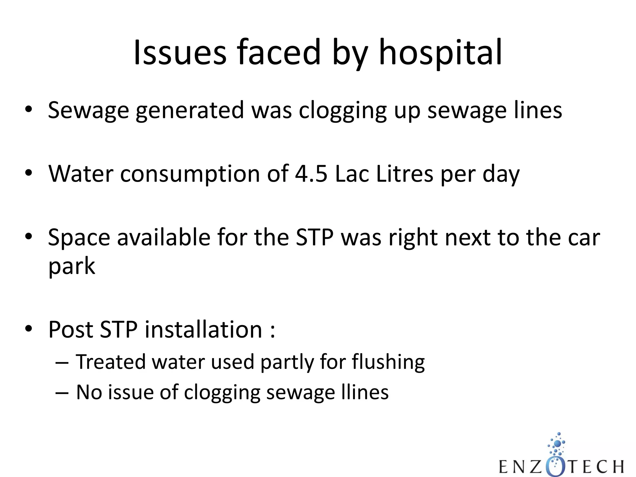 Issues faced by hospital
• Sewage generated was clogging up sewage lines
• Water consumption of 4.5 Lac Litres per day
• Space available for the STP was right next to the car
park
• Post STP installation :
– Treated water used partly for flushing
– No issue of clogging sewage llines

 