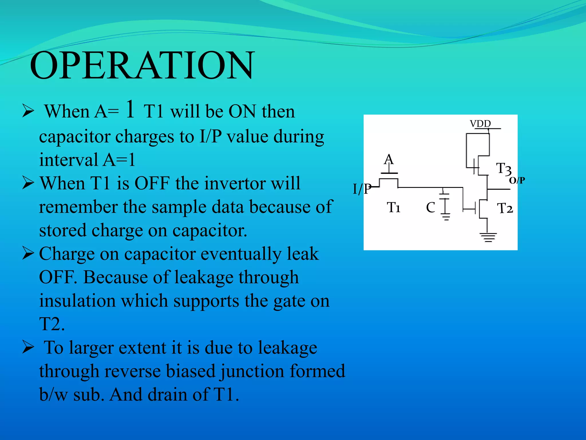 OPERATION 
VDD 
O/P 
T1 C 
T3 
I/P 
A 
 When A= 1 T1 will be ON then 
capacitor charges to I/P value during 
interval A=1 
When T1 is OFF the invertor will 
remember the sample data because of 
stored charge on capacitor. 
 Charge on capacitor eventually leak 
OFF. Because of leakage through 
insulation which supports the gate on 
T2. 
 To larger extent it is due to leakage 
through reverse biased junction formed 
b/w sub. And drain of T1. 
 