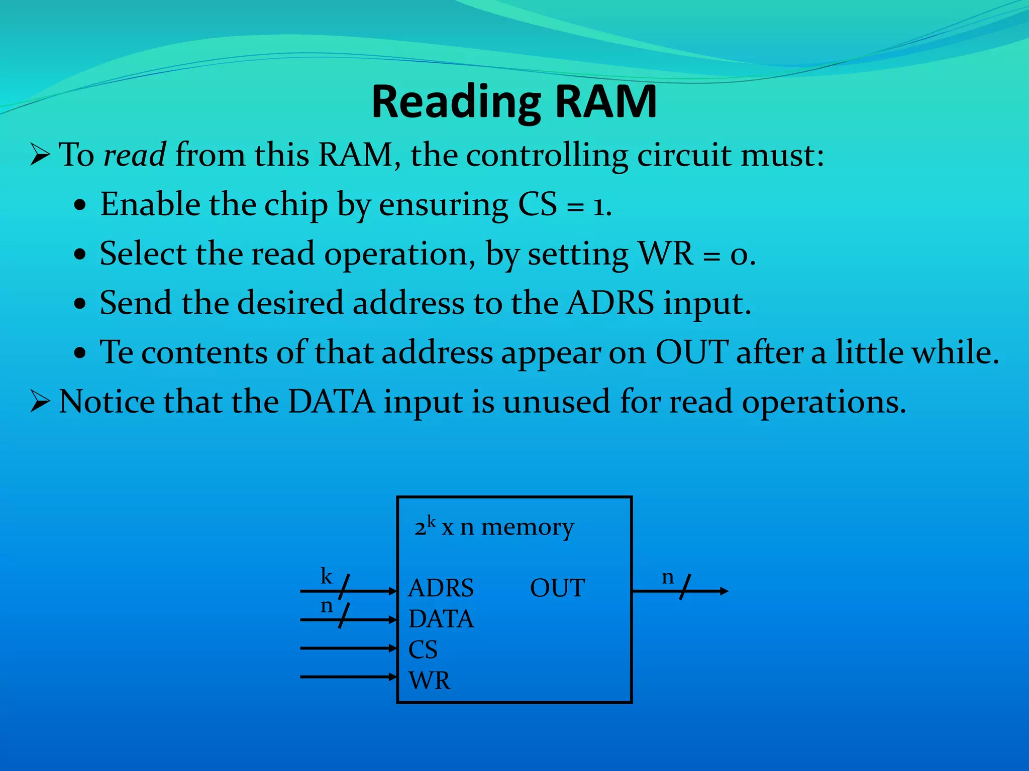 Reading RAM 
To read from this RAM, the controlling circuit must: 
 Enable the chip by ensuring CS = 1. 
 Select the read operation, by setting WR = 0. 
 Send the desired address to the ADRS input. 
 Te contents of that address appear on OUT after a little while. 
Notice that the DATA input is unused for read operations. 
2k x n memory 
ADRS OUT 
DATA 
CS 
WR 
k 
n 
n 
 