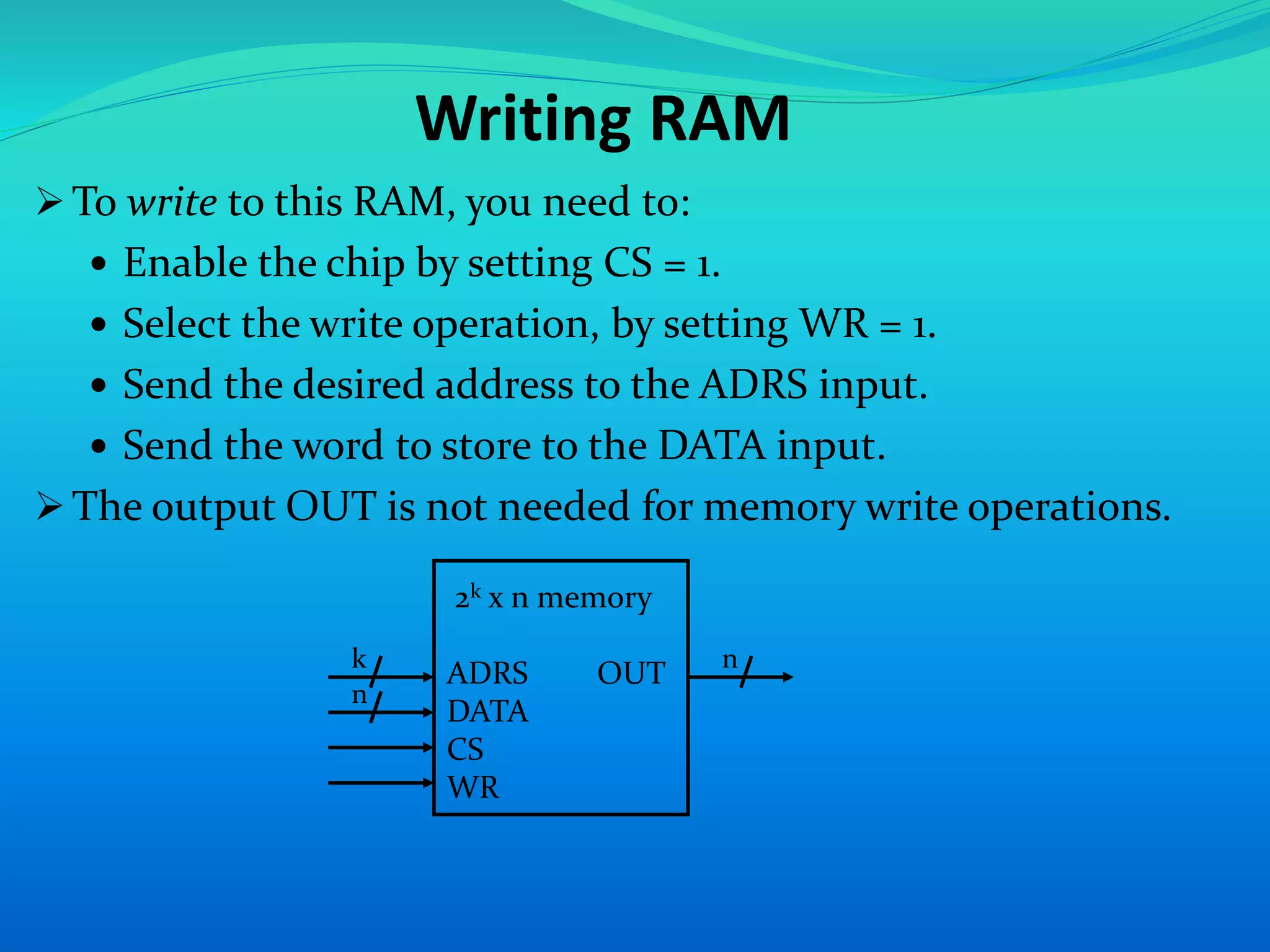 Writing RAM 
To write to this RAM, you need to: 
 Enable the chip by setting CS = 1. 
 Select the write operation, by setting WR = 1. 
 Send the desired address to the ADRS input. 
 Send the word to store to the DATA input. 
 The output OUT is not needed for memory write operations. 
2k x n memory 
ADRS OUT 
DATA 
CS 
WR 
k 
n 
n 
 