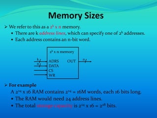 Memory Sizes 
We refer to this as a 2k x n memory. 
 There are k address lines, which can specify one of 2k addresses. 
 Each address contains an n-bit word. 
 For example 
2k x n memory 
ADRS OUT 
DATA 
CS 
WR 
k 
n 
n 
A 224 x 16 RAM contains 224 = 16M words, each 16 bits long. 
 The RAM would need 24 address lines. 
 The total storage capacity is 224 x 16 = 228 bits. 
 