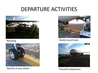 DEPARTURE ACTIVITIES
Refueling Ready to push back
Tow bar at nose wheel Proceed to departure
 