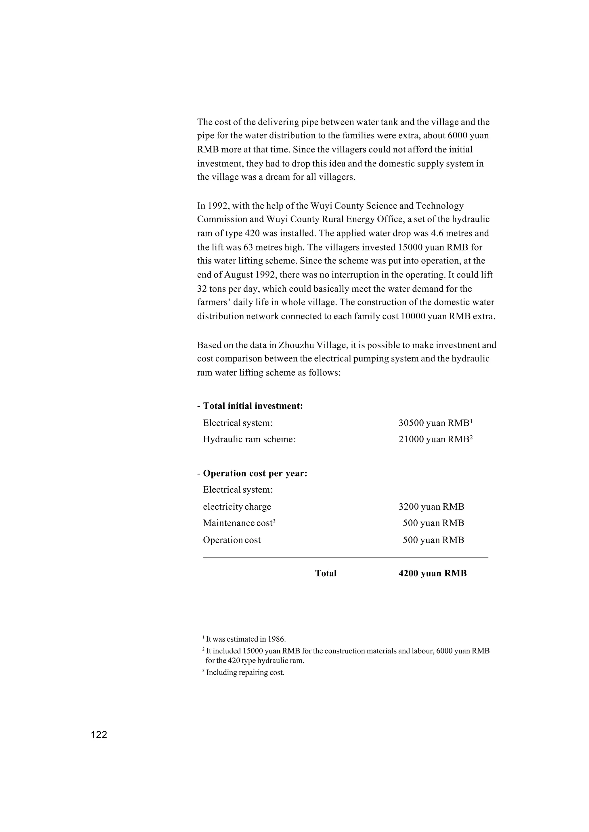 122
The cost of the delivering pipe between water tank and the village and the
pipe for the water distribution to the families were extra, about 6000 yuan
RMB more at that time. Since the villagers could not afford the initial
investment, they had to drop this idea and the domestic supply system in
the village was a dream for all villagers.
In 1992, with the help of the Wuyi County Science and Technology
Commission and Wuyi County Rural Energy Office, a set of the hydraulic
ram of type 420 was installed. The applied water drop was 4.6 metres and
the lift was 63 metres high. The villagers invested 15000 yuan RMB for
this water lifting scheme. Since the scheme was put into operation, at the
end of August 1992, there was no interruption in the operating. It could lift
32 tons per day, which could basically meet the water demand for the
farmers’ daily life in whole village. The construction of the domestic water
distribution network connected to each family cost 10000 yuan RMB extra.
Based on the data in Zhouzhu Village, it is possible to make investment and
cost comparison between the electrical pumping system and the hydraulic
ram water lifting scheme as follows:
- Total initial investment:
Electrical system: 30500 yuan RMB1
Hydraulic ram scheme: 21000 yuan RMB2
- Operation cost per year:
Electrical system:
electricity charge 3200 yuan RMB
Maintenance cost3
500 yuan RMB
Operation cost 500 yuan RMB
—————————————————————————————
Total 4200 yuan RMB
1
It was estimated in 1986.
2
It included 15000 yuan RMB for the construction materials and labour, 6000 yuan RMB
for the 420 type hydraulic ram.
3
Including repairing cost.
 