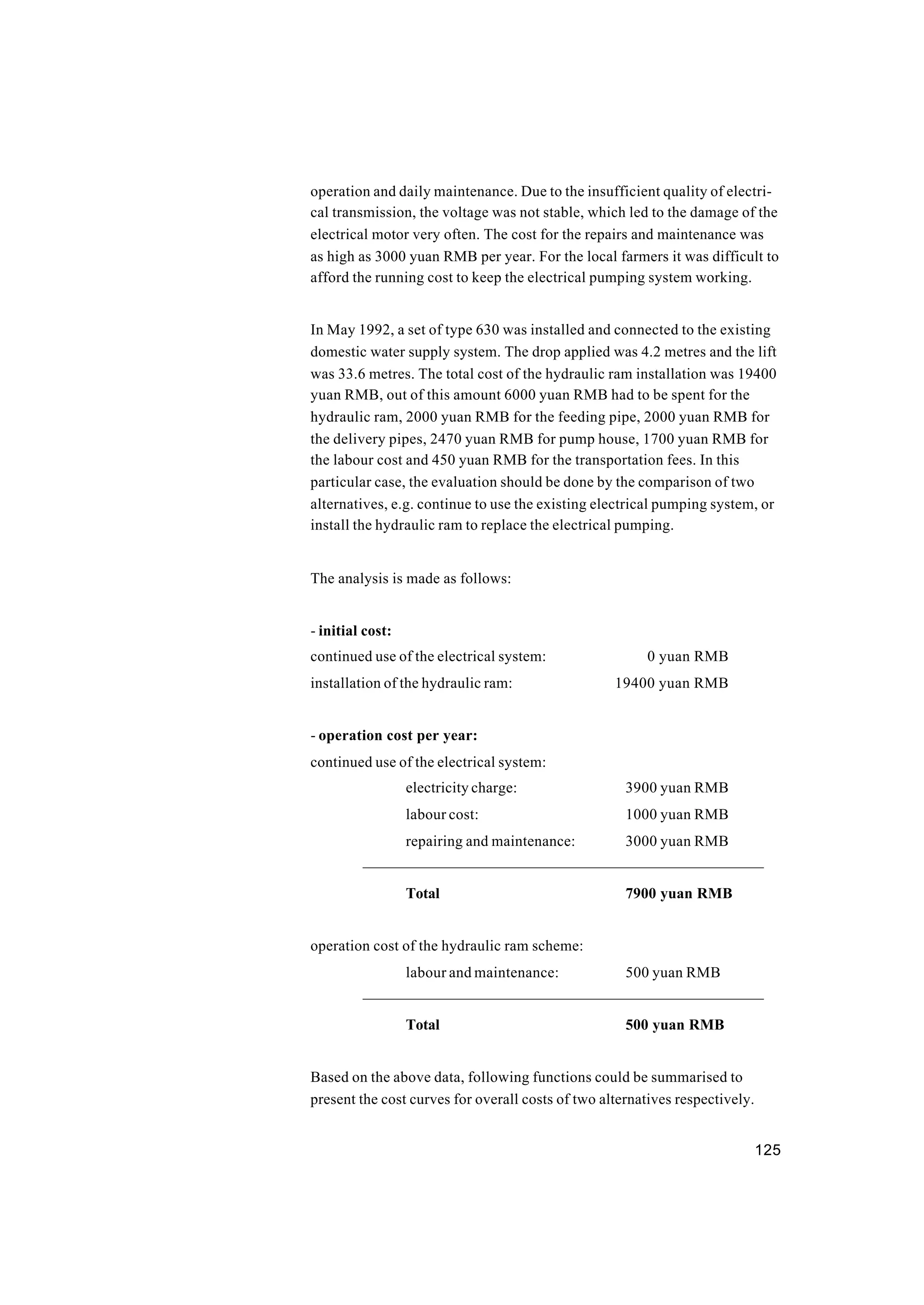 125
operation and daily maintenance. Due to the insufficient quality of electri-
cal transmission, the voltage was not stable, which led to the damage of the
electrical motor very often. The cost for the repairs and maintenance was
as high as 3000 yuan RMB per year. For the local farmers it was difficult to
afford the running cost to keep the electrical pumping system working.
In May 1992, a set of type 630 was installed and connected to the existing
domestic water supply system. The drop applied was 4.2 metres and the lift
was 33.6 metres. The total cost of the hydraulic ram installation was 19400
yuan RMB, out of this amount 6000 yuan RMB had to be spent for the
hydraulic ram, 2000 yuan RMB for the feeding pipe, 2000 yuan RMB for
the delivery pipes, 2470 yuan RMB for pump house, 1700 yuan RMB for
the labour cost and 450 yuan RMB for the transportation fees. In this
particular case, the evaluation should be done by the comparison of two
alternatives, e.g. continue to use the existing electrical pumping system, or
install the hydraulic ram to replace the electrical pumping.
The analysis is made as follows:
- initial cost:
continued use of the electrical system: 0 yuan RMB
installation of the hydraulic ram: 19400 yuan RMB
- operation cost per year:
continued use of the electrical system:
electricity charge: 3900 yuan RMB
labour cost: 1000 yuan RMB
repairing and maintenance: 3000 yuan RMB
——————————————————————————
Total 7900 yuan RMB
operation cost of the hydraulic ram scheme:
labour and maintenance: 500 yuan RMB
——————————————————————————
Total 500 yuan RMB
Based on the above data, following functions could be summarised to
present the cost curves for overall costs of two alternatives respectively.
 