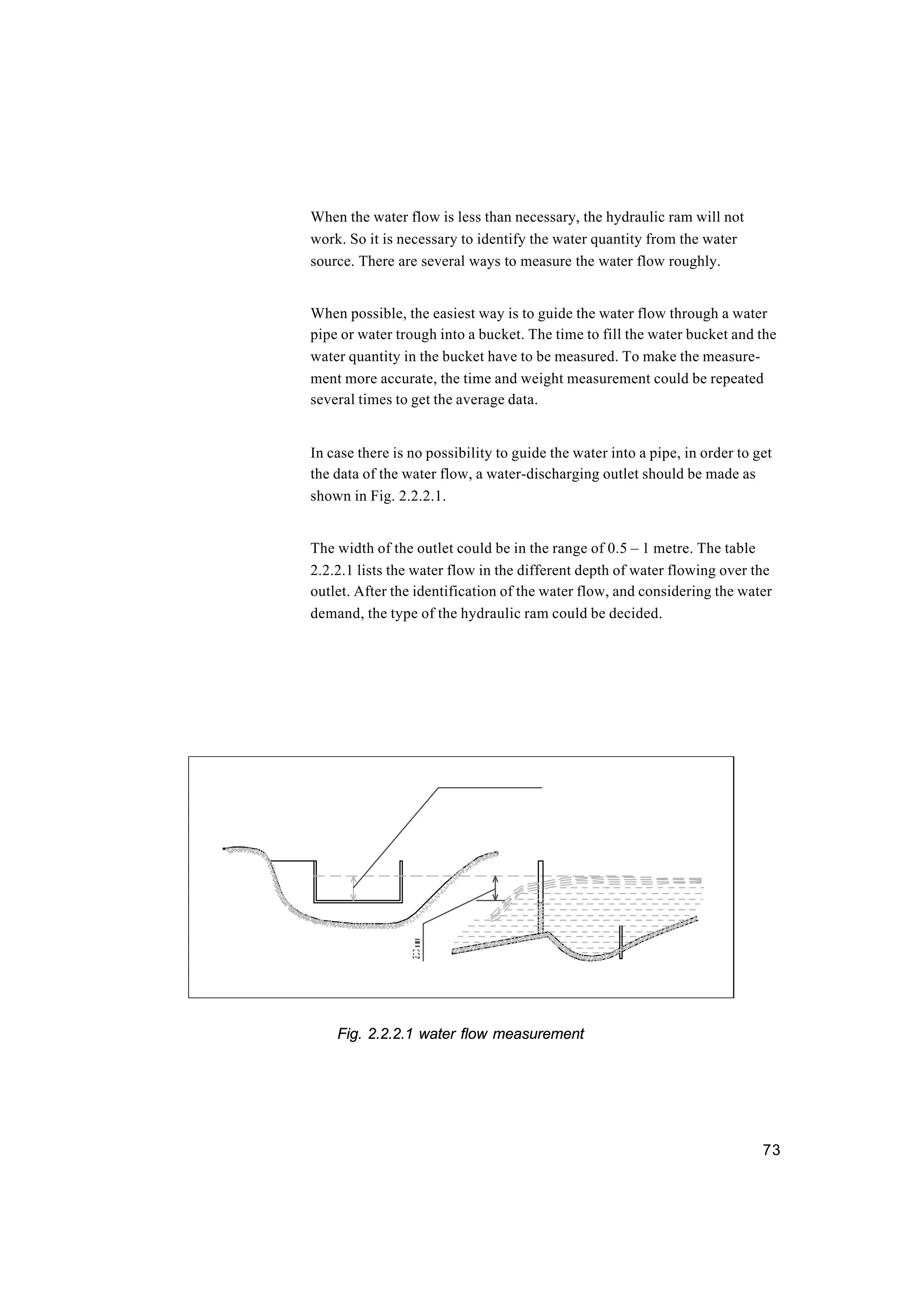 73
When the water flow is less than necessary, the hydraulic ram will not
work. So it is necessary to identify the water quantity from the water
source. There are several ways to measure the water flow roughly.
When possible, the easiest way is to guide the water flow through a water
pipe or water trough into a bucket. The time to fill the water bucket and the
water quantity in the bucket have to be measured. To make the measure-
ment more accurate, the time and weight measurement could be repeated
several times to get the average data.
In case there is no possibility to guide the water into a pipe, in order to get
the data of the water flow, a water-discharging outlet should be made as
shown in Fig. 2.2.2.1.
The width of the outlet could be in the range of 0.5 – 1 metre. The table
2.2.2.1 lists the water flow in the different depth of water flowing over the
outlet. After the identification of the water flow, and considering the water
demand, the type of the hydraulic ram could be decided.
Fig. 2.2.2.1 water flow measurement
 
