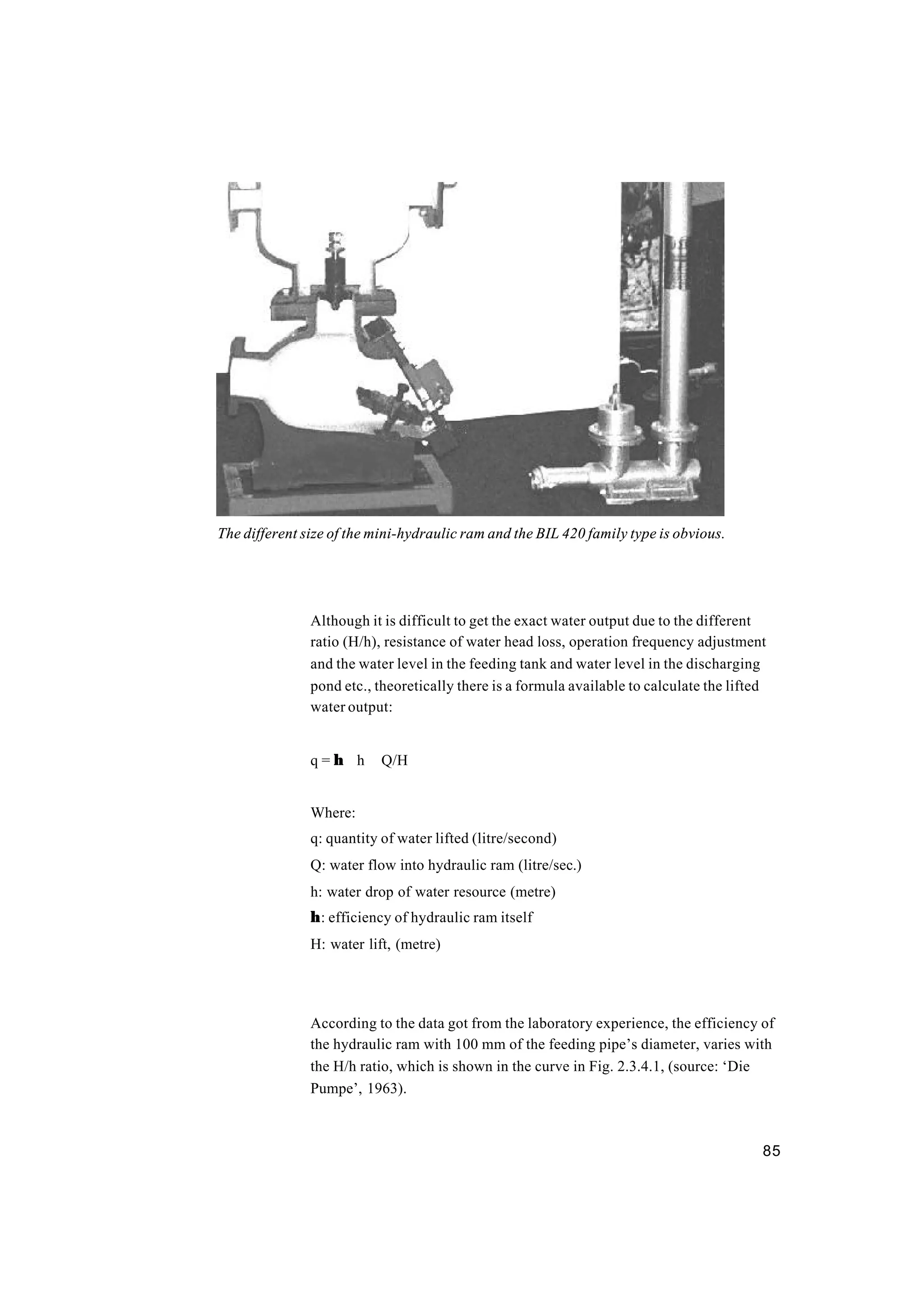 85
Although it is difficult to get the exact water output due to the different
ratio (H/h), resistance of water head loss, operation frequency adjustment
and the water level in the feeding tank and water level in the discharging
pond etc., theoretically there is a formula available to calculate the lifted
water output:
q = η ⋅ h ⋅ Q/H
Where:
q: quantity of water lifted (litre/second)
Q: water flow into hydraulic ram (litre/sec.)
h: water drop of water resource (metre)
η: efficiency of hydraulic ram itself
H: water lift, (metre)
According to the data got from the laboratory experience, the efficiency of
the hydraulic ram with 100 mm of the feeding pipe’s diameter, varies with
the H/h ratio, which is shown in the curve in Fig. 2.3.4.1, (source: ‘Die
Pumpe’, 1963).
The different size of the mini-hydraulic ram and the BIL 420 family type is obvious.
 