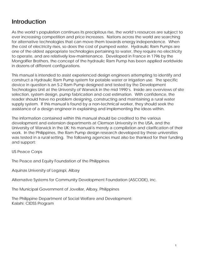 Hydraulic Ram Pump System Design Manual US Peace Corps, Philippines PDF