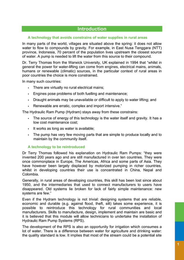 Ram Pump Design, Sizing, Construction and Maintenance of GravityFed