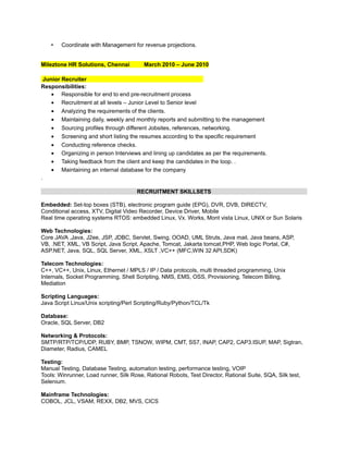 

Coordinate with Management for revenue projections.

Mileztone HR Solutions, Chennai

March 2010 – June 2010

Junior Recruiter
Responsibilities:
• Responsible for end to end pre-recruitment process
• Recruitment at all levels – Junior Level to Senior level
• Analyzing the requirements of the clients.
• Maintaining daily, weekly and monthly reports and submitting to the management
• Sourcing profiles through different Jobsites, references, networking.
• Screening and short listing the resumes according to the specific requirement
• Conducting reference checks.
• Organizing in person Interviews and lining up candidates as per the requirements.
• Taking feedback from the client and keep the candidates in the loop. .
• Maintaining an internal database for the company
.
RECRUITMENT SKILLSETS
Embedded: Set-top boxes (STB), electronic program guide (EPG), DVR, DVB, DIRECTV,
Conditional access, XTV, Digital Video Recorder, Device Driver, Mobile
Real time operating systems RTOS: embedded Linux, Vx. Works, Mont vista Linux, UNIX or Sun Solaris
Web Technologies:
Core JAVA ,Java, J2ee, JSP, JDBC, Servlet, Swing, OOAD, UML Struts, Java mail, Java beans, ASP,
VB, .NET, XML, VB Script, Java Script, Apache, Tomcat, Jakarta tomcat,PHP, Web logic Portal, C#,
ASP.NET, Java, SQL, SQL Server, XML, XSLT ,VC++ (MFC,WIN 32 API,SDK)
Telecom Technologies:
C++, VC++, Unix, Linux, Ethernet / MPLS / IP / Data protocols, multi threaded programming, Unix
Internals, Socket Programming, Shell Scripting, NMS, EMS, OSS, Provisioning, Telecom Billing,
Mediation
Scripting Languages:
Java Script Linux/Unix scripting/Perl Scripting/Ruby/Python/TCL/Tk
Database:
Oracle, SQL Server, DB2
Networking & Protocols:
SMTP/RTP/TCP/UDP, RUBY, BMP, TSNOW, WIPM, CMT, SS7, INAP, CAP2, CAP3.ISUP, MAP, Sigtran,
Diameter, Radius, CAMEL
Testing:
Manual Testing, Database Testing, automation testing, performance testing, VOIP
Tools: Winrunner, Load runner, Silk Rose, Rational Robots, Test Director, Rational Suite, SQA, Silk test,
Selenium.
Mainframe Technologies:
COBOL, JCL, VSAM, REXX, DB2, MVS, CICS

 
