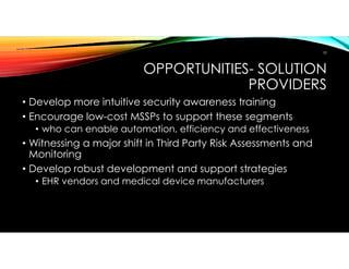 OPPORTUNITIES- SOLUTION
PROVIDERS
• Develop more intuitive security awareness training
• Encourage low-cost MSSPs to support these segments
• who can enable automation, efficiency and effectiveness
• Witnessing a major shift in Third Party Risk Assessments and
Monitoring
• Develop robust development and support strategies
• EHR vendors and medical device manufacturers
10
 