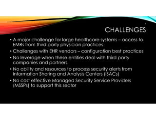 CHALLENGES
• A major challenge for large healthcare systems – access to
EMRs from third party physician practices
• Challenges with EHR vendors – configuration best practices
• No leverage when these entities deal with third party
companies and partners
• No ability and resources to process security alerts from
Information Sharing and Analysis Centers (ISACs)
• No cost effective Managed Security Service Providers
(MSSPs) to support this sector
6
 