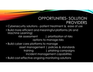 OPPORTUNITIES- SOLUTION
PROVIDERS
• Cybersecurity solutions - patient treatment & ease of use
• Build more efficient and meaningful platforms (AI and
Machine Learning)
risk assessment | prioritization of risks
options to manage risks
• Build cyber care platforms to manage
asset management | policies & standards
training | phishing campaigns
incident management capabilities
• Build cost-effective ongoing monitoring solutions
9
 