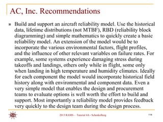 AC, Inc. Recommendations
   Build and support an aircraft reliability model. Use the historical
    data, lifetime distributions (not MTBF), RBD (reliability block
    diagramming) and simple mathematics to quickly create a basic
    reliability model. An extension of the model would be to
    incorporate the various environmental factors, flight profiles,
    and the influence of other relevant variables on failure rates. For
    example, some systems experience damaging stress during
    takeoffs and landings, others only while in flight, some only
    when landing in high temperature and humidity climates. Ideally
    for each component the model would incorporate historical field
    history along with environmental and component data. Even a
    very simple model that enables the design and procurement
    teams to evaluate options is well worth the effort to build and
    support. Most importantly a reliability model provides feedback
    very quickly to the design team during the design process.
                         2013 RAMS – Tutorial 4A - Schenkelberg    114
 