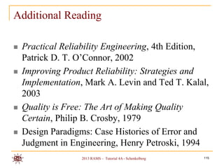 Additional Reading

   Practical Reliability Engineering, 4th Edition,
    Patrick D. T. O‟Connor, 2002
   Improving Product Reliability: Strategies and
    Implementation, Mark A. Levin and Ted T. Kalal,
    2003
   Quality is Free: The Art of Making Quality
    Certain, Philip B. Crosby, 1979
   Design Paradigms: Case Histories of Error and
    Judgment in Engineering, Henry Petroski, 1994
                   2013 RAMS – Tutorial 4A - Schenkelberg   115
 
