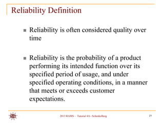 Reliability Definition

      Reliability is often considered quality over
       time

      Reliability is the probability of a product
       performing its intended function over its
       specified period of usage, and under
       specified operating conditions, in a manner
       that meets or exceeds customer
       expectations.

                  2013 RAMS – Tutorial 4A - Schenkelberg   21
 