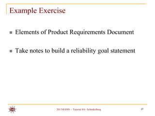 Example Exercise

   Elements of Product Requirements Document

   Take notes to build a reliability goal statement




                    2013 RAMS – Tutorial 4A - Schenkelberg   27
 