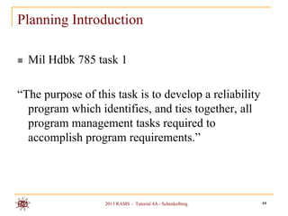 Planning Introduction

   Mil Hdbk 785 task 1

“The purpose of this task is to develop a reliability
  program which identifies, and ties together, all
  program management tasks required to
  accomplish program requirements.”




                   2013 RAMS – Tutorial 4A - Schenkelberg   44
 