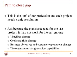 Path to close gap

   This is the „art‟ of our profession and each project
    needs a unique solution.

   Just because the plan succeeded for the last
    project, it may not work for the current one
       Timelines change
       Goals and risks change
       Business objectives and customer expectations change
       The organization has grown/lost capabilities
                       2013 RAMS – Tutorial 4A - Schenkelberg   48
 