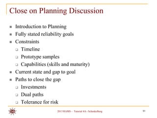 Close on Planning Discussion
   Introduction to Planning
   Fully stated reliability goals
   Constraints
     Timeline

     Prototype samples

     Capabilities (skills and maturity)

   Current state and gap to goal
   Paths to close the gap
     Investments

     Dual paths

     Tolerance for risk

                        2013 RAMS – Tutorial 4A - Schenkelberg   51
 