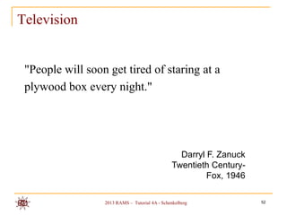 Television


 "People will soon get tired of staring at a
 plywood box every night."




                                                  Darryl F. Zanuck
                                                Twentieth Century-
                                                         Fox, 1946

                  2013 RAMS – Tutorial 4A - Schenkelberg             52
 