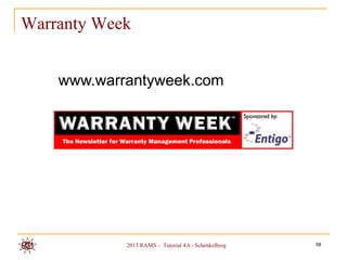 Warranty Week


    www.warrantyweek.com




            2013 RAMS – Tutorial 4A - Schenkelberg   58
 