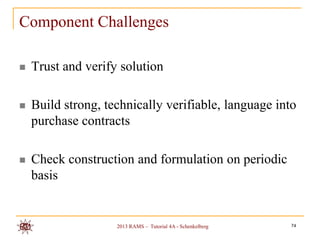 Component Challenges

   Trust and verify solution

   Build strong, technically verifiable, language into
    purchase contracts

   Check construction and formulation on periodic
    basis


                    2013 RAMS – Tutorial 4A - Schenkelberg   74
 