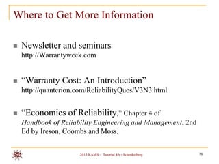 Where to Get More Information

   Newsletter and seminars
    http://Warrantyweek.com


   “Warranty Cost: An Introduction”
    http://quanterion.com/ReliabilityQues/V3N3.html


   “Economics of Reliability,” Chapter 4 of
    Handbook of Reliability Engineering and Management, 2nd
    Ed by Ireson, Coombs and Moss.


                      2013 RAMS – Tutorial 4A - Schenkelberg   76
 
