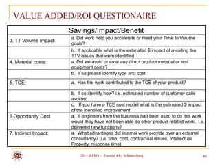 VALUE ADDED/ROI QUESTIONAIRE
                       Savings/Impact/Benefit
                       a. Did work help you accelerate or meet your Time to Volume
3. TT Volume impact:
                       goals?
                       b. If applicable what is the estimated $ impact of avoiding the
                       TTV issues that were identified
4. Material costs:     a. Did we avoid or save any direct product material or test
                       equipment costs?
                       b. If so please identify type and cost

5. TCE:                a. Has the work contributed to the TCE of your product?

                       b. If so identify how? i.e. estimated number of customer calls
                       avoided
                       c. If you have a TCE cost model what is the estimated $ impact
                       of the identified improvement
6.Opportunity Cost     a. If engineers from the business had been used to do this work
                       would they have not been able do other product related work. I.e.
                       delivered new functions?
7. Indirect Impact:    a. What advantages did internal work provide over an external
                       consultancy? (i.e. time, cost, contractual issues, Intellectual
                       Property, response time)

                           2013 RAMS – Tutorial 4A - Schenkelberg                        86
 