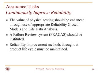 Assurance Tasks
Continuously Improve Reliability






The value of physical testing should be enhanced
through use of appropriate Reliability Growth
Models and Life Data Analysis.
A Failure Review system (FRACAS) should be
instituted.
Reliability improvement methods throughout
product life cycle must be maintained.

2014 RAMS – Tutorial 2A - Schenkelberg

44

 