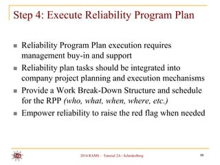 Step 4: Execute Reliability Program Plan








Reliability Program Plan execution requires
management buy-in and support
Reliability plan tasks should be integrated into
company project planning and execution mechanisms
Provide a Work Break-Down Structure and schedule
for the RPP (who, what, when, where, etc.)
Empower reliability to raise the red flag when needed

2014 RAMS – Tutorial 2A - Schenkelberg

59

 