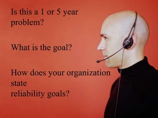 How long1 or 5 year
Is this a should it last?

problem?
What is the goal?

How does your organization
state
reliability goals?
2014 RAMS – Tutorial 2A - Schenkelberg

6

 