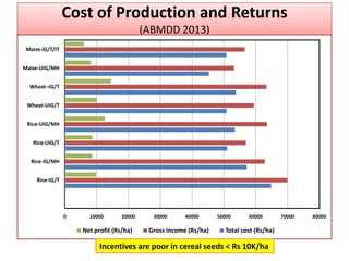 Cost of Production and Returns
(ABMDD 2013)
0 10000 20000 30000 40000 50000 60000 70000 80000
Rice-IG/T
Rice-IG/MH
Rice-UIG/T
Rice-UIG/MH
Wheat-UIG/T
Wheat–IG/T
Maize-UIG/MH
Maize-IG/T/IT
Net profit (Rs/ha) Gross income (Rs/ha) Total cost (Rs/ha)
Incentives are poor in cereal seeds < Rs 10K/ha
 