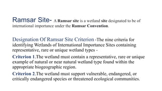 Ramsar Site- A Ramsar site is a wetland site designated to be of
international importance under the Ramsar Convention.
Designation Of Ramsar Site Criterion -The nine criteria for
identifying Wetlands of International Importance Sites containing
representative, rare or unique wetland types -
Criterion 1.The wetland must contain a representative, rare or unique
example of natural or near natural wetland type found within the
appropriate biogeographic region.
Criterion 2.The wetland must support vulnerable, endangered, or
critically endangered species or threatened ecological communities.
 