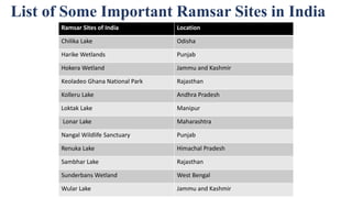 Ramsar Sites of India Location
Chilika Lake Odisha
Harike Wetlands Punjab
Hokera Wetland Jammu and Kashmir
Keoladeo Ghana National Park Rajasthan
Kolleru Lake Andhra Pradesh
Loktak Lake Manipur
Lonar Lake Maharashtra
Nangal Wildlife Sanctuary Punjab
Renuka Lake Himachal Pradesh
Sambhar Lake Rajasthan
Sunderbans Wetland West Bengal
Wular Lake Jammu and Kashmir
List of Some Important Ramsar Sites in India
 