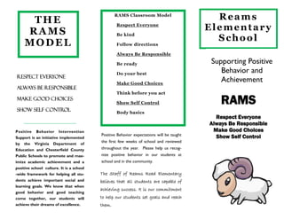 The Staff of Reams Road Elementary 
believes that all students are capable of 
achieving success. It is our commitment 
to help our students set goals and reach 
them. 
RAMS 
Respect Everyone 
Always Be Responsible 
Make Good Choices 
Show Self Control 
Reams 
Elementary 
School 
Respect Everyone 
Always Be Responsible 
Make Good Choices 
Show Self Control 
_____________________ 
Positive Behavior Intervention 
Support is an initiative implemented 
by the Virginia Department of 
Education and Chesterfield County 
Public Schools to promote and max-imize 
academic achievement and a 
positive school culture. It is a school 
-wide framework for helping all stu-dents 
achieve important social and 
learning goals. We know that when 
good behavior and good teaching 
come together, our students will 
achieve their dreams of excellence. 
THE 
RAMS 
MODEL 
Supporting Positive 
Behavior and 
Achievement 
RAMS Classroom Model 
Respect Everyone 
Be kind 
Follow directions 
Always Be Responsible 
Be ready 
Do your best 
Make Good Choices 
Think before you act 
Show Self Control 
Body basics 
Positive Behavior expectations will be taught 
the first few weeks of school and reviewed 
throughout the year. Please help us recog-nize 
positive behavior in our students at 
school and in the community. 
 