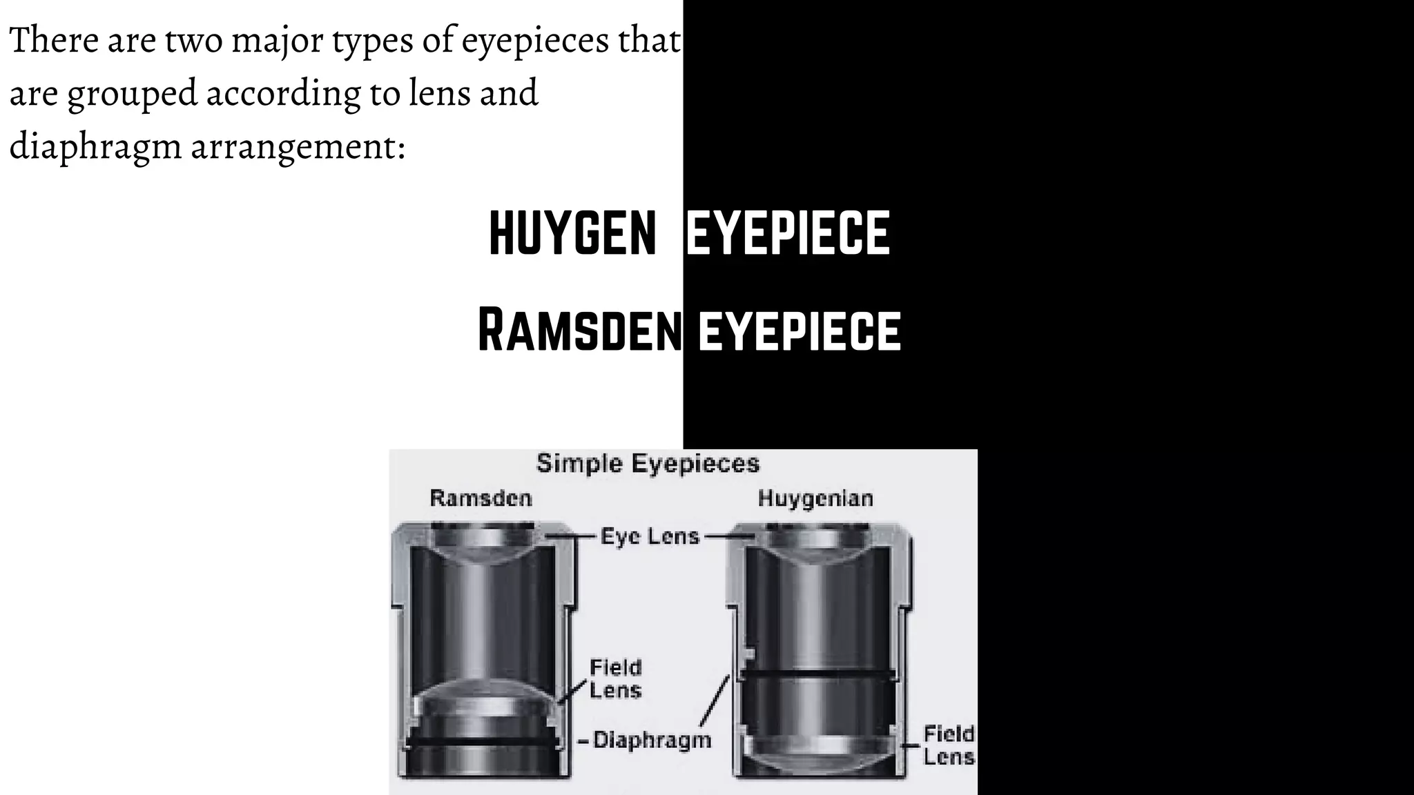 HUYGEN EYEPIECE
Ramsden eyepiece
There are two major types of eyepieces that
are grouped according to lens and
diaphragm arrangement:
 