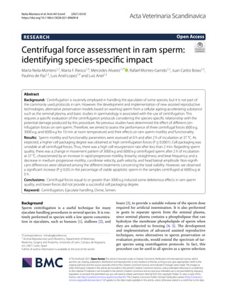 Neila‑Montero et al. Acta Vet Scand (2021) 63:42
https://doi.org/10.1186/s13028-021-00609-8
RESEARCH
Centrifugal force assessment in ram sperm:
identifying species‑specific impact
Marta Neila‑Montero1,2
, Marta F. Riesco1,3
, Mercedes Alvarez1,2*
  , Rafael Montes‑Garrido1,2
, Juan Carlos Boixo1,2
,
Paulino de Paz1,3
, Luis Anel‑Lopez1,4
 and Luis Anel1,2
 
Abstract 
Background:  Centrifugation is routinely employed in handling the ejaculates of some species, but it is not part of
the commonly used protocols in ram. However, the development and implementation of new assisted reproductive
technologies, alternative preservation models based on washing sperm from a cellular ageing-accelerating substance
such as the seminal plasma, and basic studies in spermatology is associated with the use of centrifugation. This
requires a specific evaluation of the centrifugation protocols considering the species-specific relationship with the
potential damage produced by this procedure. No previous studies have determined the effect of different cen‑
trifugation forces on ram sperm. Therefore, we aimed to assess the performance of three centrifugal forces (600×g,
3000×g, and 6000×g for 10 min at room temperature) and their effects on ram sperm motility and functionality.
Results:  Sperm motility and functionality parameters were assessed at 0 h and after 2 h of incubation at 37 °C. As
expected, a higher cell packaging degree was obtained at high centrifugation forces (P ≤ 0.0001). Cell packaging was
unstable at all centrifugal forces. Thus, there was a high cell resuspension rate after less than 2 min. Regarding sperm
quality, there was a change in movement pattern of 3000×g and 6000×g centrifuged sperm after 2 h of incubation
at 37 °C, characterized by an increase in rapid progressive motility, linearity, straightness, and beat frequency, and a
decrease in medium progressive motility, curvilinear velocity, path velocity, and head lateral amplitude. Non-signifi‑
cant differences were obtained among the different treatments concerning the total viability. However, we observed
a significant increase (P ≤ 0.05) in the percentage of viable apoptotic sperm in the samples centrifuged at 6000×g at
0 h.
Conclusions:  Centrifugal forces equal to or greater than 3000×g induced some deleterious effects in ram sperm
quality, and lower forces did not provide a successful cell packaging degree.
Keyword:  Centrifugation, Ejaculate handling, Ovine, Semen
©The Author(s) 2021. Open AccessThis article is licensed under a Creative Commons Attribution 4.0 International License, which
permits use, sharing, adaptation, distribution and reproduction in any medium or format, as long as you give appropriate credit to the
original author(s) and the source, provide a link to the Creative Commons licence, and indicate if changes were made.The images or
other third party material in this article are included in the article’s Creative Commons licence, unless indicated otherwise in a credit line
to the material. If material is not included in the article’s Creative Commons licence and your intended use is not permitted by statutory
regulation or exceeds the permitted use, you will need to obtain permission directly from the copyright holder.To view a copy of this
licence, visit http://​creat​iveco​mmons.​org/​licen​ses/​by/4.​0/.The Creative Commons Public Domain Dedication waiver (http://​creat​iveco​
mmons.​org/​publi​cdoma​in/​zero/1.​0/) applies to the data made available in this article, unless otherwise stated in a credit line to the data.
Background
Sperm centrifugation is a useful technique for many
ejaculate handling procedures in several species. It is rou-
tinely performed in species with a low sperm concentra-
tion in ejaculates, such as humans [1], stallions [2], and
boars [3], to provide a suitable volume of the sperm dose
required for artificial insemination. It is also performed
in goats to separate sperm from the seminal plasma,
since seminal plasma contains a phospholipase that can
hydrolyze the membrane phospholipids of sperm when
they are subjected to freezing [4, 5]. The development
and implementation of advanced assisted reproductive
techniques, news alternatives in sperm preservation or
evaluation protocols, would extend the spectrum of tar-
get species using centrifugation protocols. In fact, this
procedure can be used in all species as a sperm selection
Open Access
Acta Veterinaria Scandinavica
*Correspondence: mmalvg@unileon.es
2
Animal Reproduction and Obstetrics, Department of Veterinary
Medicine, Surgery and Anatomy, University of León, Campus de Vegazana
s/n, 24071 León, Spain
Full list of author information is available at the end of the article
 