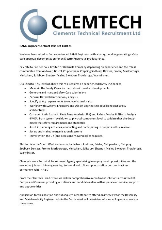 RAMS Engineer Contract Jobs Ref 141021